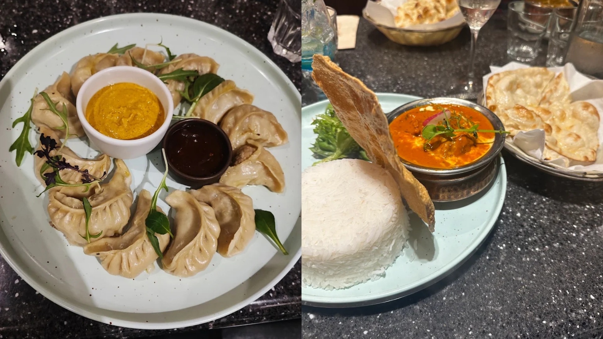 Tandoori chicken served with onion salad, lemon and green chutney
